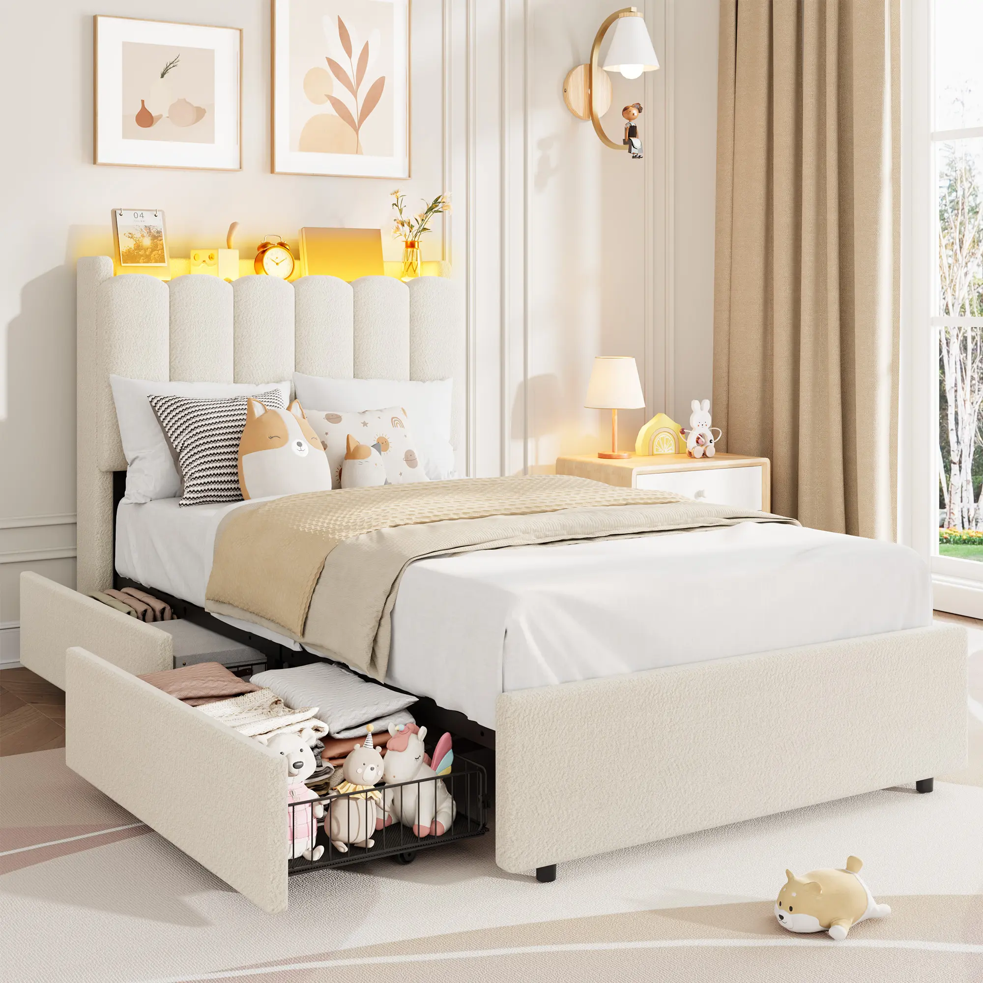 Full Size Bed Frame with 2 Drawers & Headboard, Boucle Upholstered RGB LED Bed, 1000 LBS Metal Slat Foundation