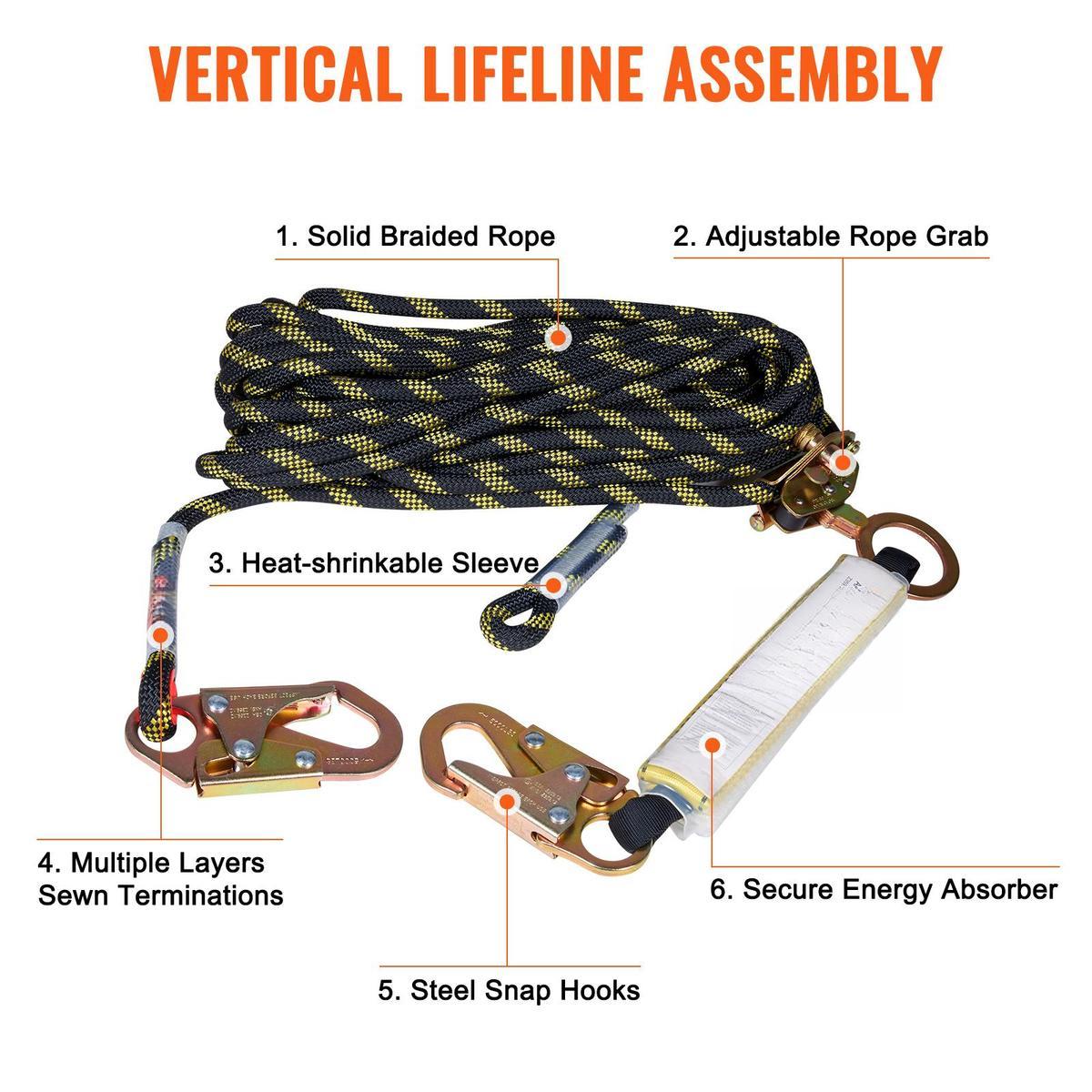 Vertical Lifeline Assembly 0.55'' x 50' Fall Protection Rope with 30 KN Breaking Tension, Polyester Roofing Rope with Steel Snap Hooks, Rope Grab, and Shock AbsorberCompliant