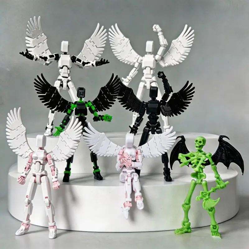5pcs Halloween Skeleton Action Figure Set, Multi-Jointed Model Kit, Jointed Articulating Figurines, Angel Wings, Bat Wing Frame, Desktop Decor Collection, Horror Character Figurines