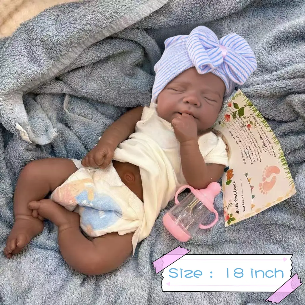 18 Inch / 45 CM Full Body Silicone Baby Dolls, Realistic African American Reborn Doll Black Girl, Bathable Anatomically Correct Newborn
