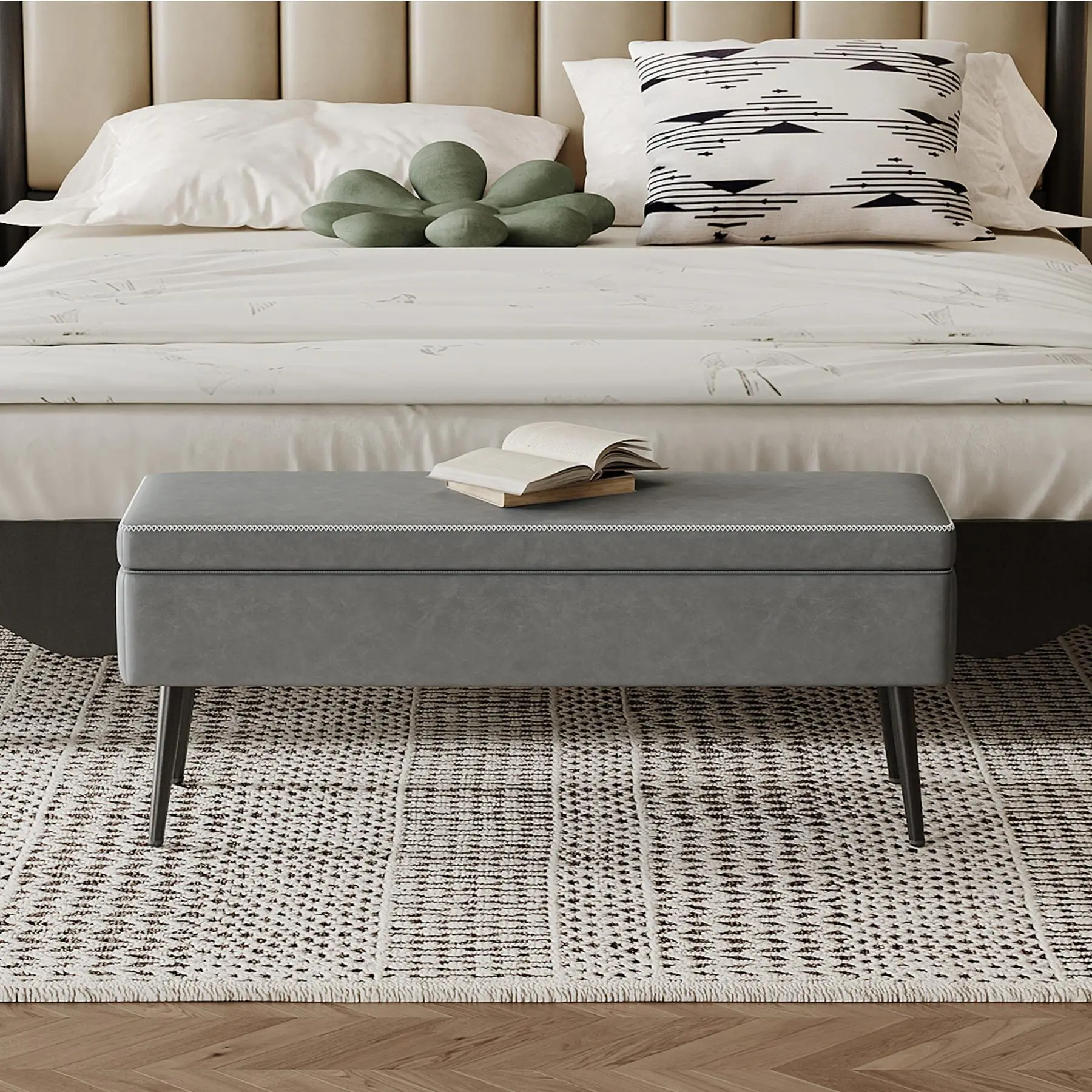 Gaomon Storage Ottoman Bench with Hidden Compartment PU Leather Upholstered Bed Bench with Iron Legs Multipurpose Storage Seat for Bedroom Entryway Living Room Grey