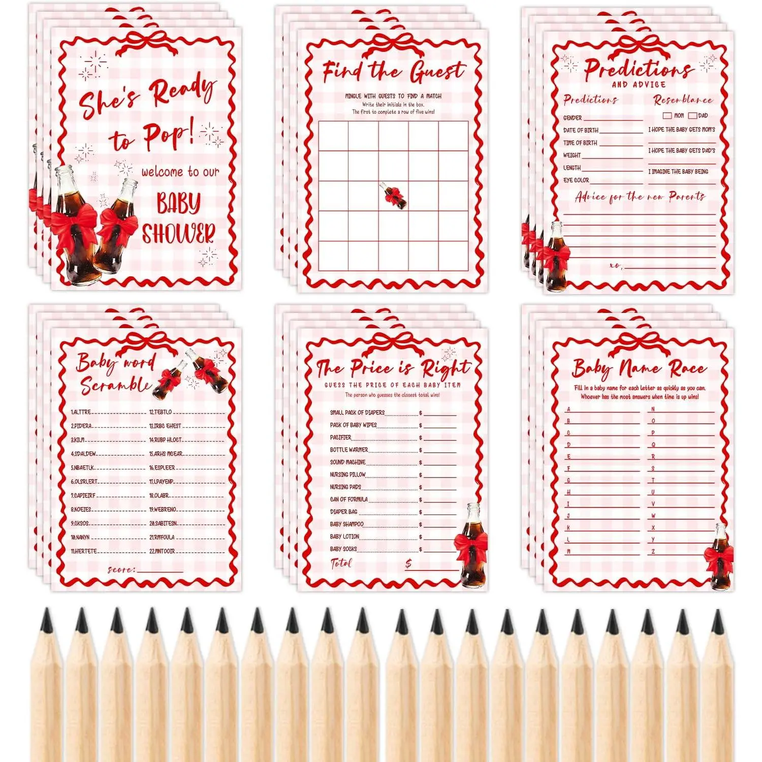 Lightweight Soda Pop Theme Baby Shower Games Bundle, 111-Pcs Classic Party Supplies Set with 5 Games, 90 Cards, 20 Pencils & 1 Answer Card, Pink Gingham & Bow Decor for Gender Reveal Gift