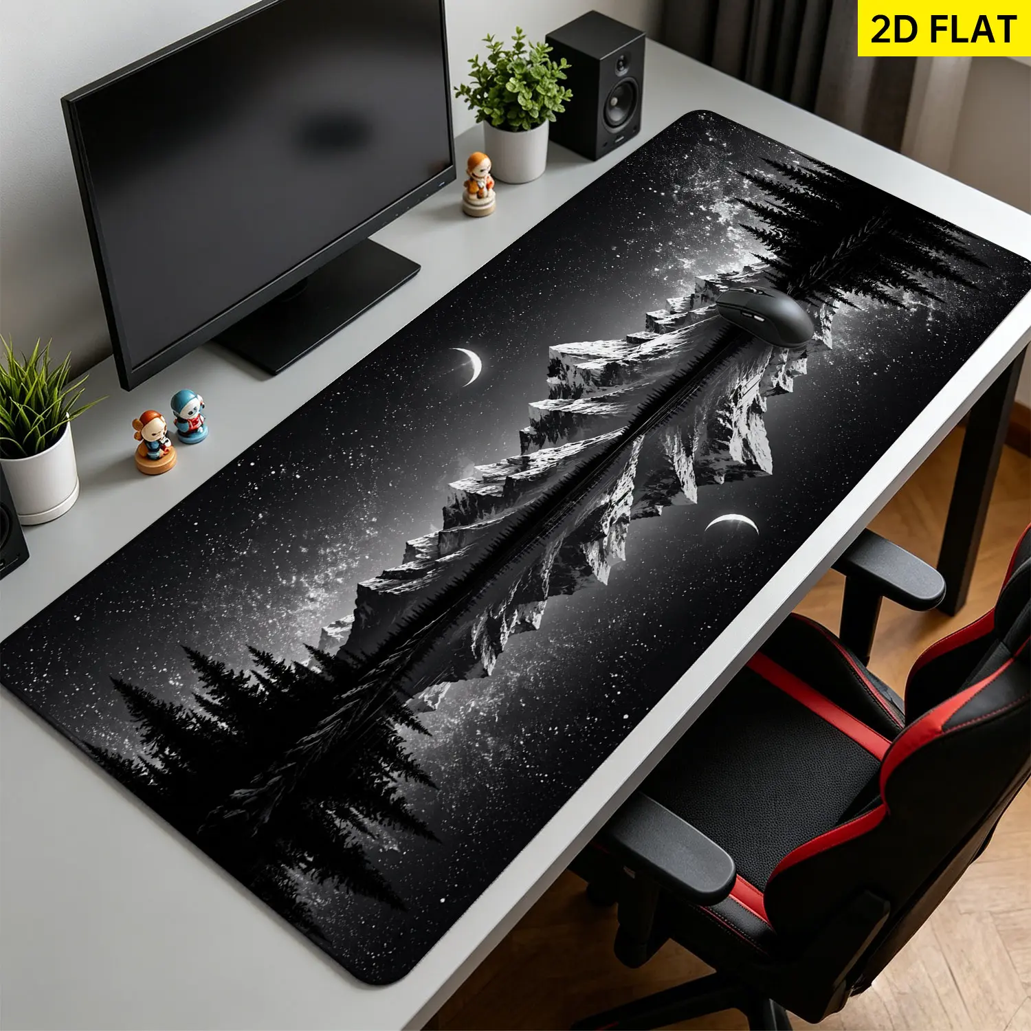 Extra Large black and white starry night mountain landscape Mouse Pad,Non Slip Rubber Pad,Desktop Decoration Drotection Pad,Washable,Lock Edge Multi Size,Premium Multipurpose Mousepad For Office,Gaming Desk,Gift for Family and Friends