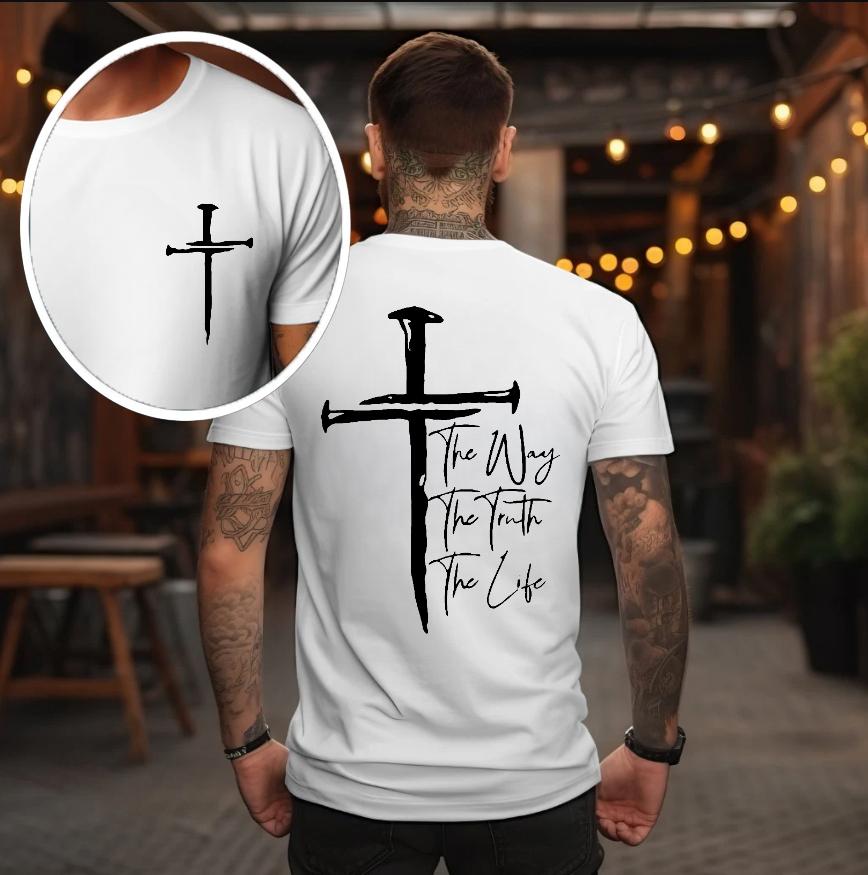The Way, The Truth, The Life T-Shirt - Bold Cross Design with Inspirational Scripture, Relaxed Fit, Short Sleeve, Machine Washable - Menswear, Christian Apparelfect Gift Classic