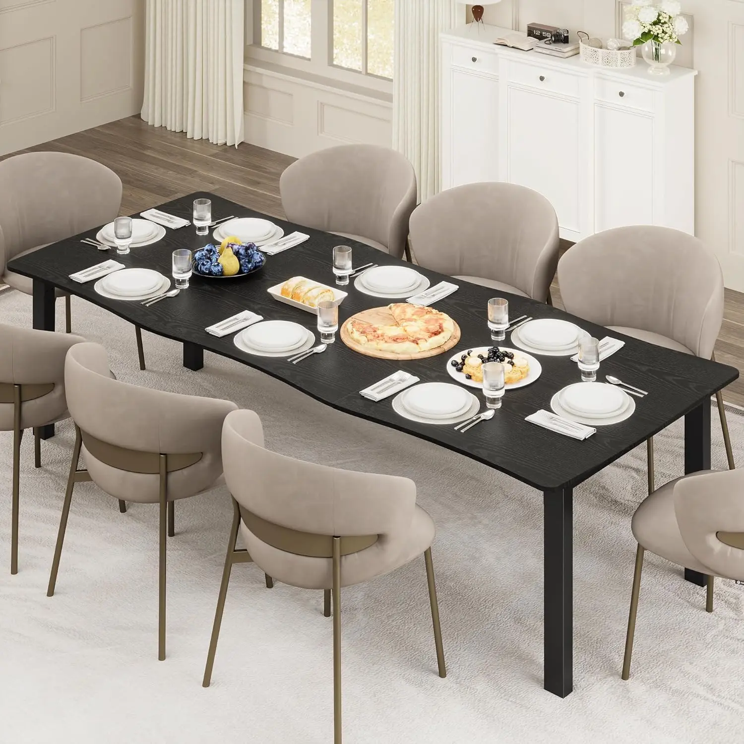 Modern Minimalist Dining Table for 6-8 – 71'' Rectangular with Irregular Wave Edge, 15mm Thick MDF Top, Waterproof, Etch-Resistant, Robust Metal Frame, Easy Assembly, Ideal for Kitchen or Dining Room – Marble Only Table