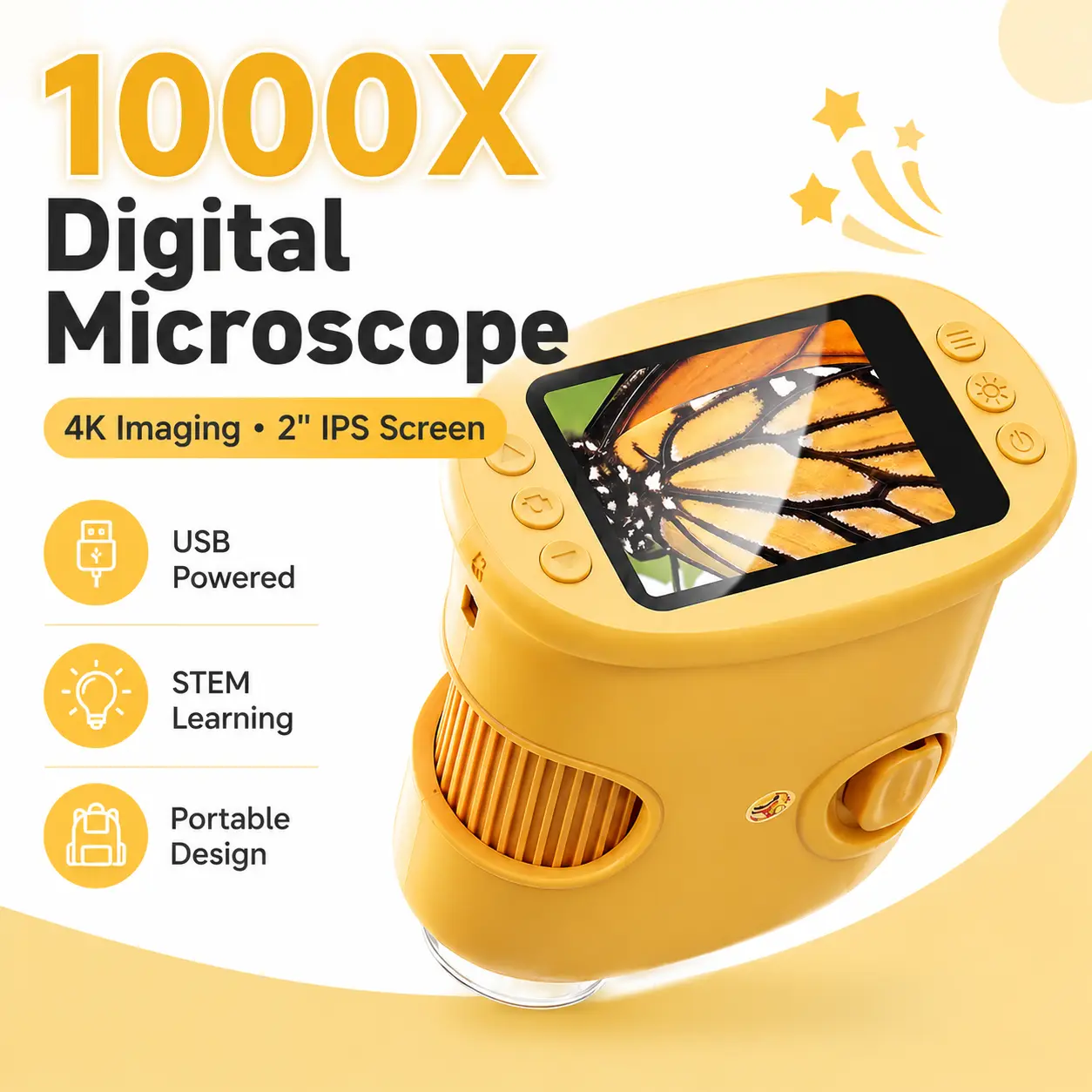 1000X Handheld Digital Microscope with 4K Imaging and 2-Inch IPS Screen, USB-Powered Portable STEM Science Tool for Kids, Students, Classroom Learning and Educational Exploration