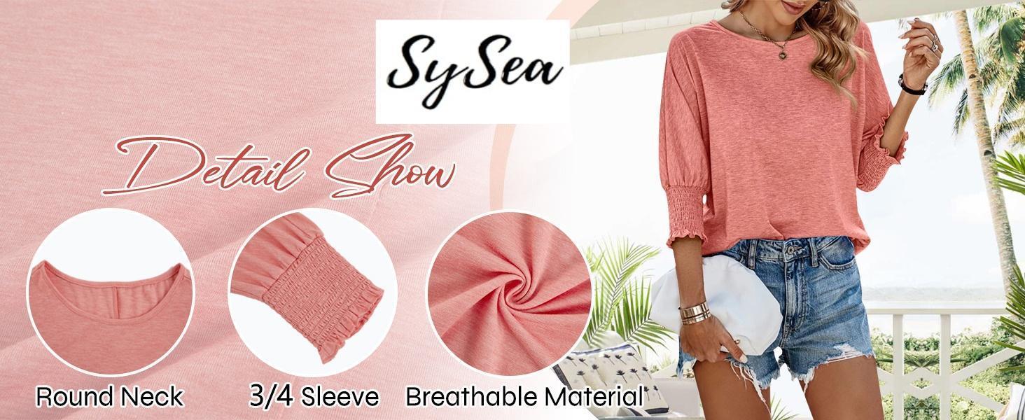 Imily Bela Women's 3/4 Sleeve Casual Tops Solid Color Crew Neck Loose Fit Shirts Blouses