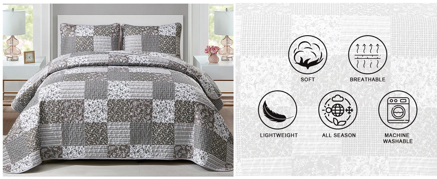 Green Set Twin Size, 2 Pieces Floral Bedspread Set Patchwork Reversible Bedding Set Microfiber Lightweight Bedspread Coverlet Set for All Season 68"x86"