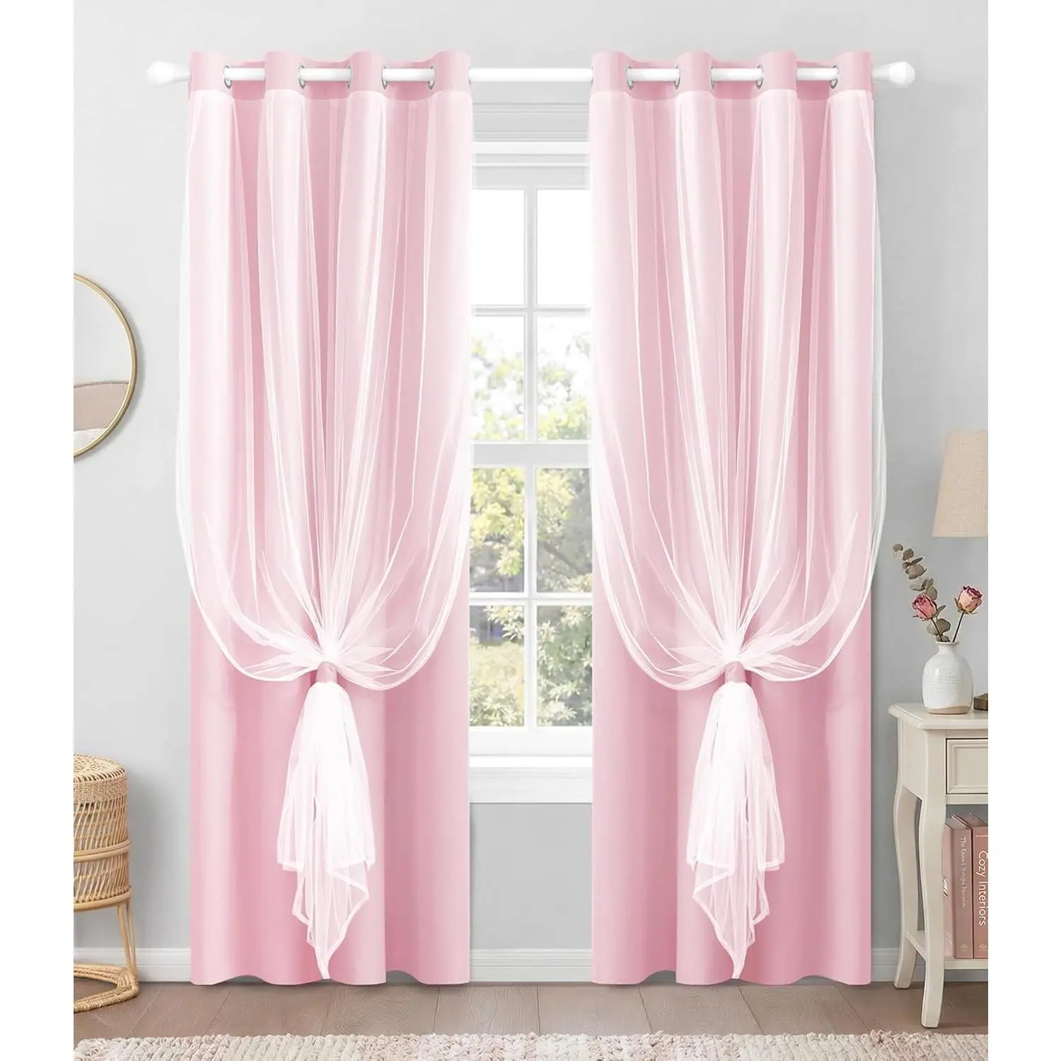 Pink Sheer 2-Piece Curtains with 100% Blackout Thermal Fabric, Layered Stitch Grommet Top Drapes for Girls Bedroom, 52" W x 84" L Window Decor, Blackout Backing