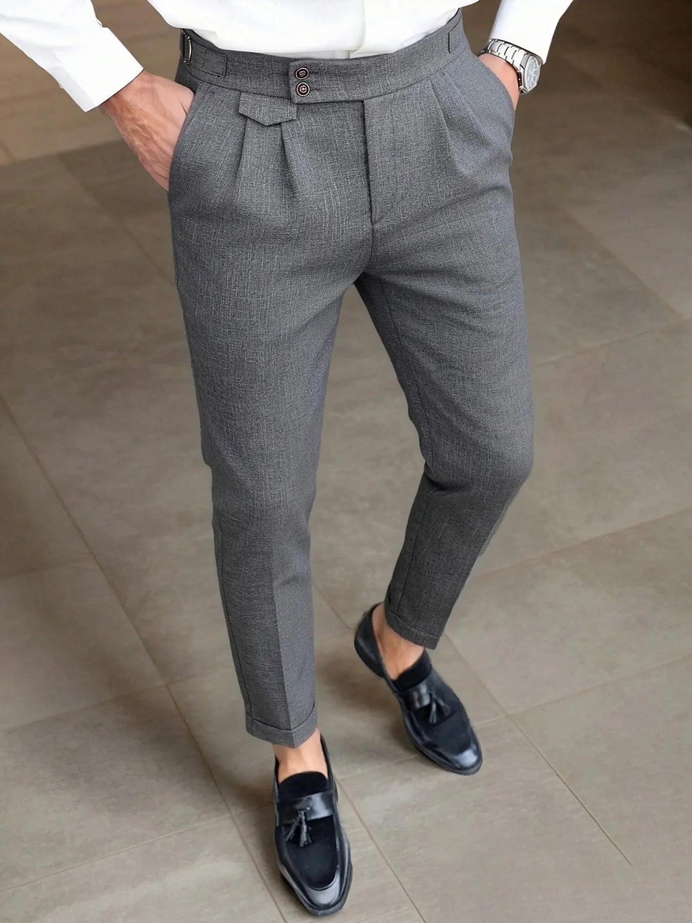 Spring Summer Men's Italian Nine-Inch Slim Fit Blazer Suit Pants, High Waist Adjustable Button Fly, Breathable Wrinkle-Resistant Fabric, Casual Business Wear