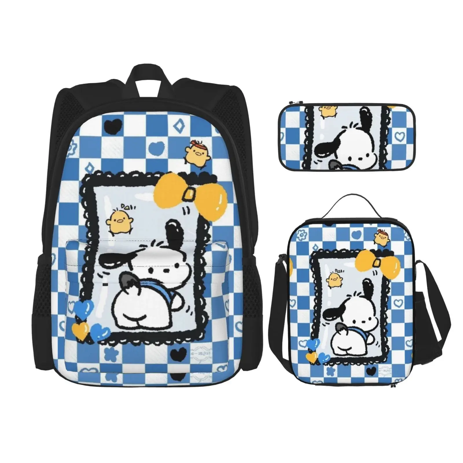 Ctue Pochacco Backpack 3 Pieces Set With Lunch Box And Pencil Case Combination for Work/Sport/Picnic Stylish Laptop Backpack Travel Daypack Stationery Bag