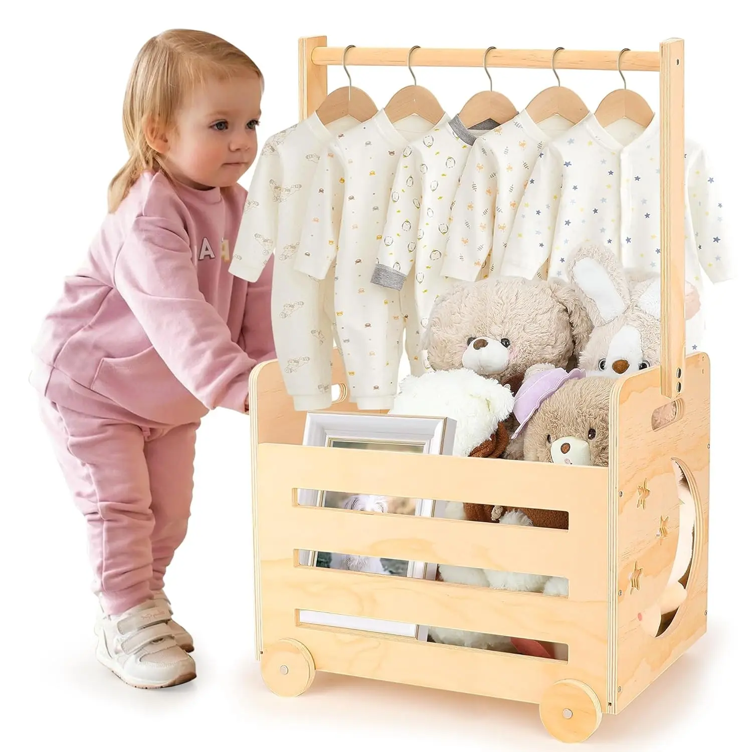 Wooden Baby Shower Crate Closet with Wheels & Higher Handle, Pushable Baby Gift Basket, Wooden Storage Crate, Personalized Newborn Gift for Boy Girl New Parents, 28" x 13.6" x 9"(Gift)