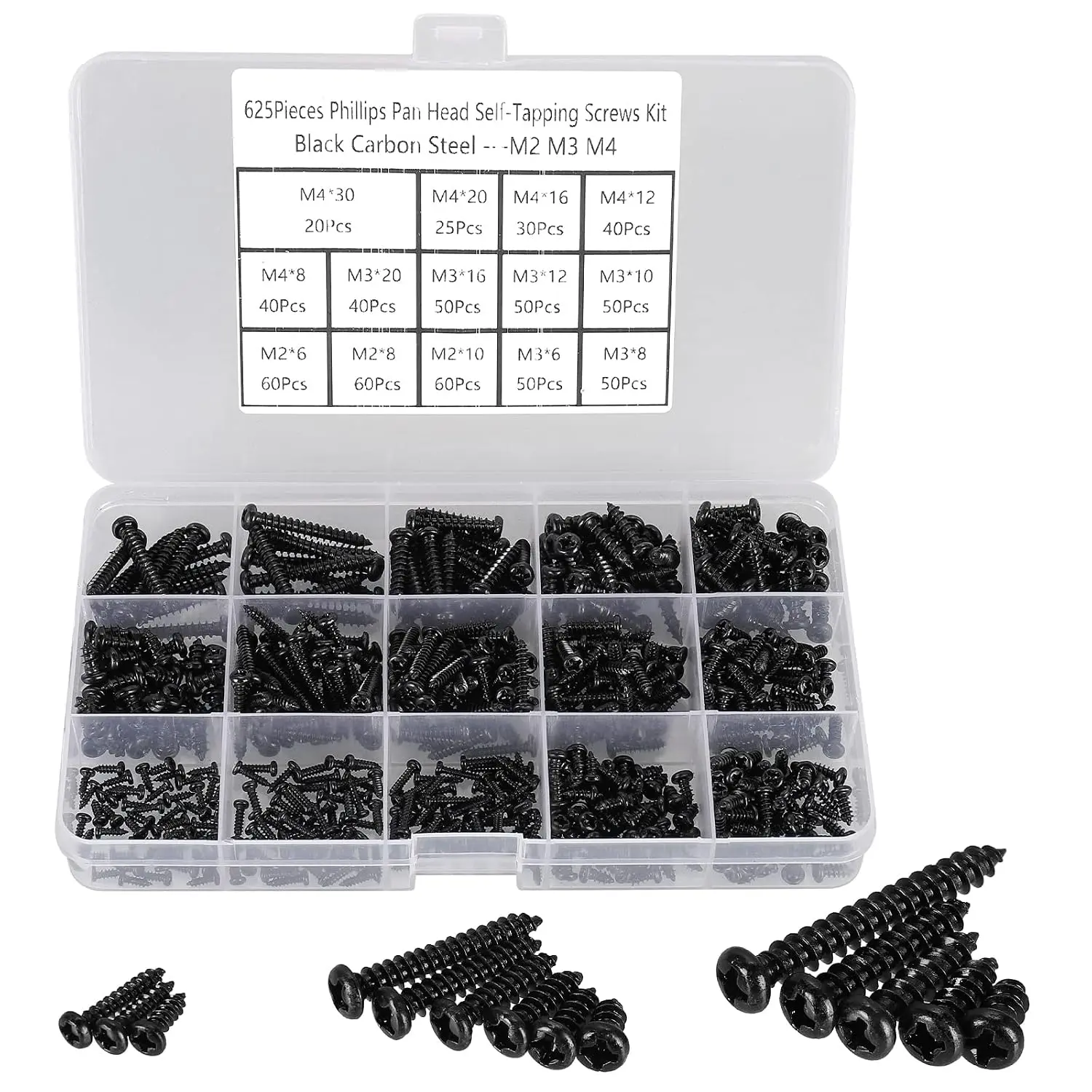 625 count M2 M3 M4 Phillips Pan  Self-Tapping  Screws,14 Sizes  Recessed Round  Self Tapper Screws  Kit for ,Plastic and Soft Metal,Black Carbon Steel, Point