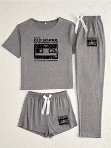 Three-Piece Pajama Set for Women, Recorder Print Design, Casual Fitted Style, All-Season Comfortable Sleepwear