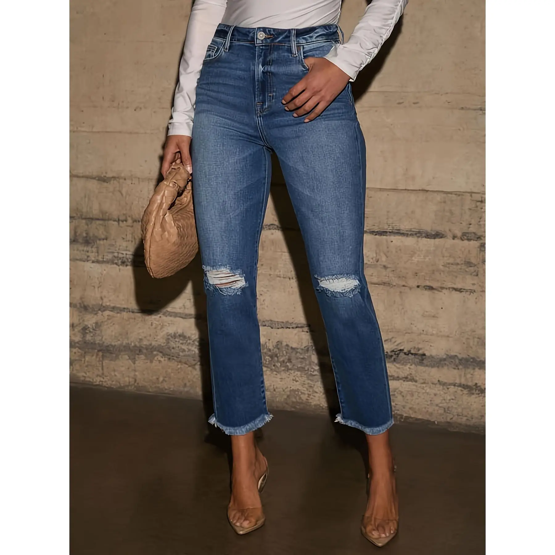 Women's Mid-Waist Casual Ripped Straight Leg Jeans - Slim Fit Stretch Denim with Cropped Tassel Hem