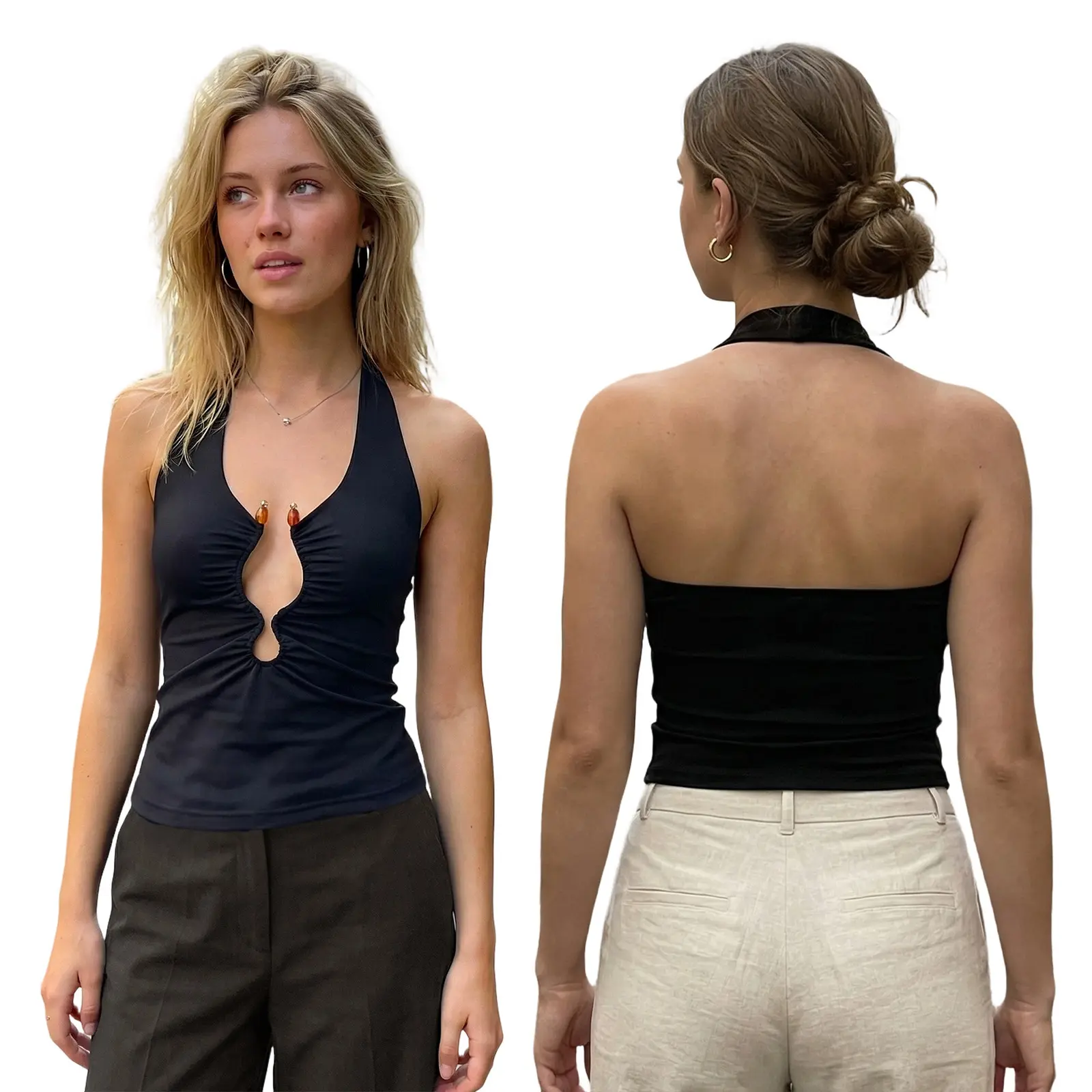 Women's Polyester Casual Halter Neck Tank Top - Boho Plunge Cutout Front, Sleeveless, Open Back Vest for Party, Daily Wear Clothes