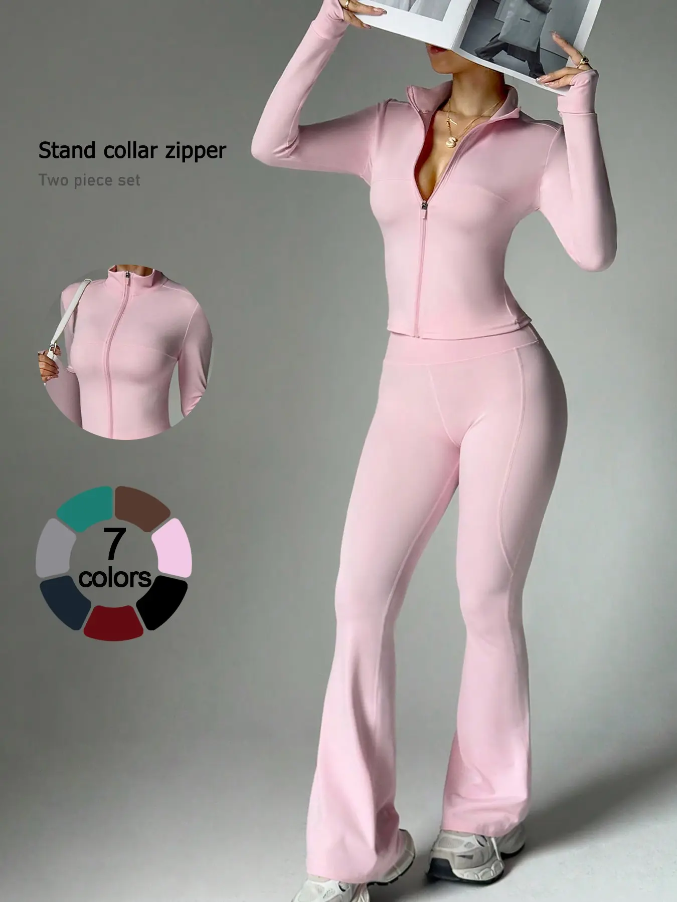 2 Piece Set Women's Activewear Workout Set, Yoga Outfits, Activewear Clothing, Full Zipper Stand Collar Jacket Long Sleeve with Thumbholes High-Waisted Tummy Control and Butt Lifting Flared Pants Yoga Gym Running Sportswear for Daily Wear Sweatsuit Set