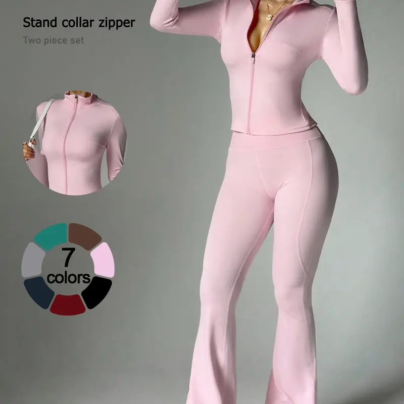 2 Piece Set Women's Activewear Set, Full Zipper Stand Collar Long Sleeve Jacket with Thumbholes, High‑Waisted Flared Pants, Versatile New Sportswear Training Running Tracksuit for Yoga, Gym, Running and Daily Casual Wear