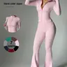 2 Piece Set Women's Activewear Set, Full Zipper Stand Collar Long Sleeve Jacket with Thumbholes, High‑Waisted Flared Pants, Versatile New Sportswear Training Running Tracksuit for Yoga, Gym, Running and Daily Casual Wear