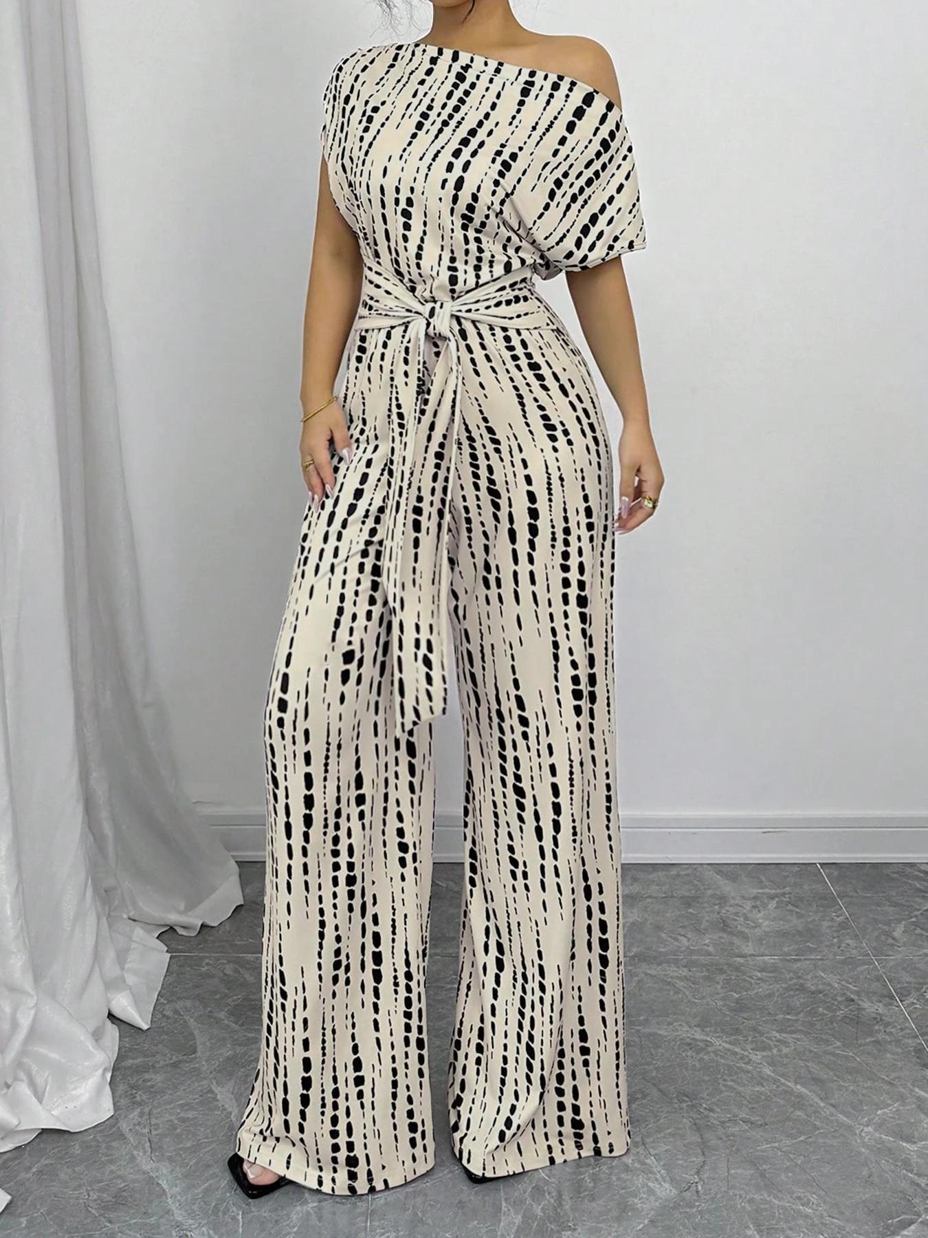 Women's All Over Print Tie Front Jumpsuit, Casual Asymmetrical Neck Jumpsuit for Spring & Fall, Women's Clothes for Daily Wear