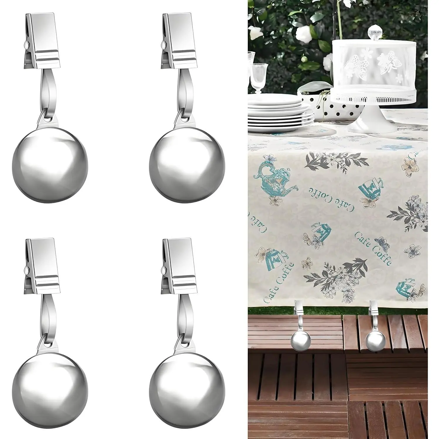 4 Pack Heavy Duty Tablecloth Weights, Stainless Steel Balls with Metal Tablecloth Clips for Outdoor Tables, Curtains, Flag, Add 9.6oz Weights for Outdoor Picnic, Family Dinner Party