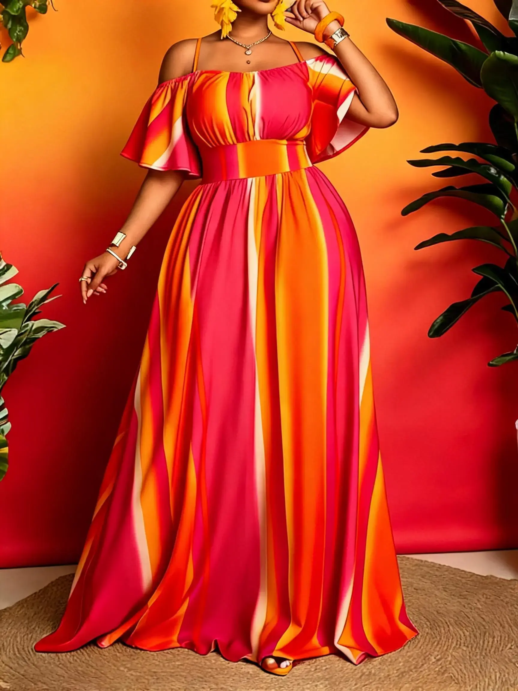 Plus Size and Gradient Striped Summer Maxi Dress for Women, Chic Elegance Ruffled Off-Shoulder Ruffle Sleeve Empire Waist with Tassels, Tropical Holiday Sun Dress for Curvy Figures