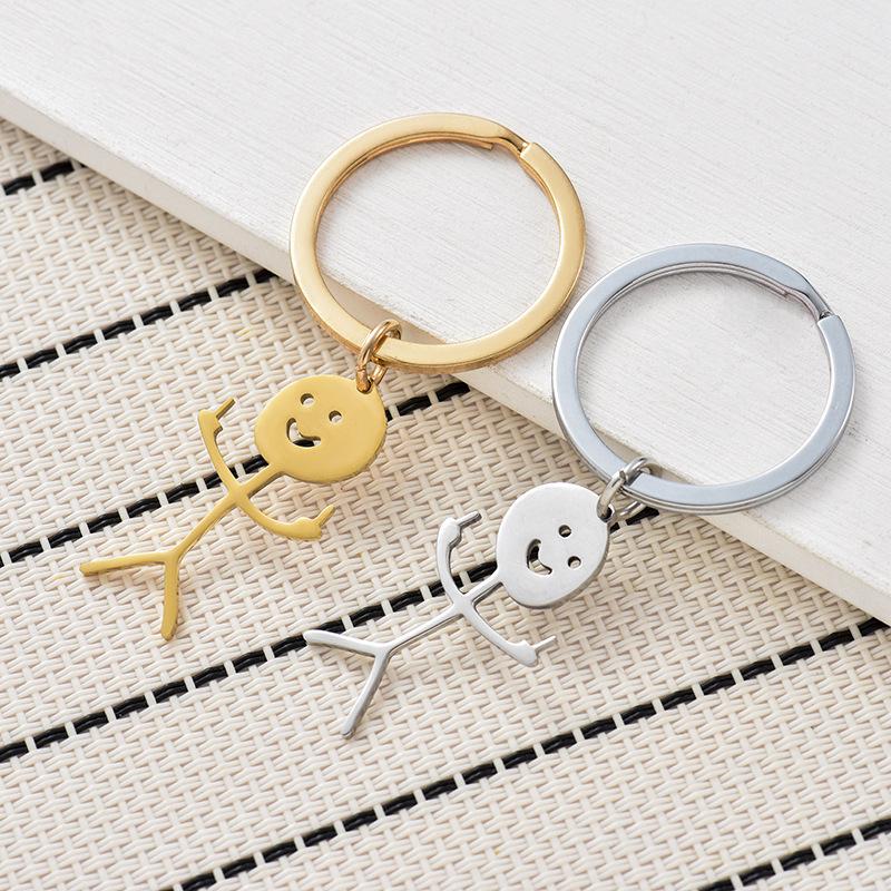 Funny Doodle Stick Figure Keychain, Cute Smiley Face Stainless Steel Charm, Minimalist Cartoon Bag Accessory for Kids & Adults