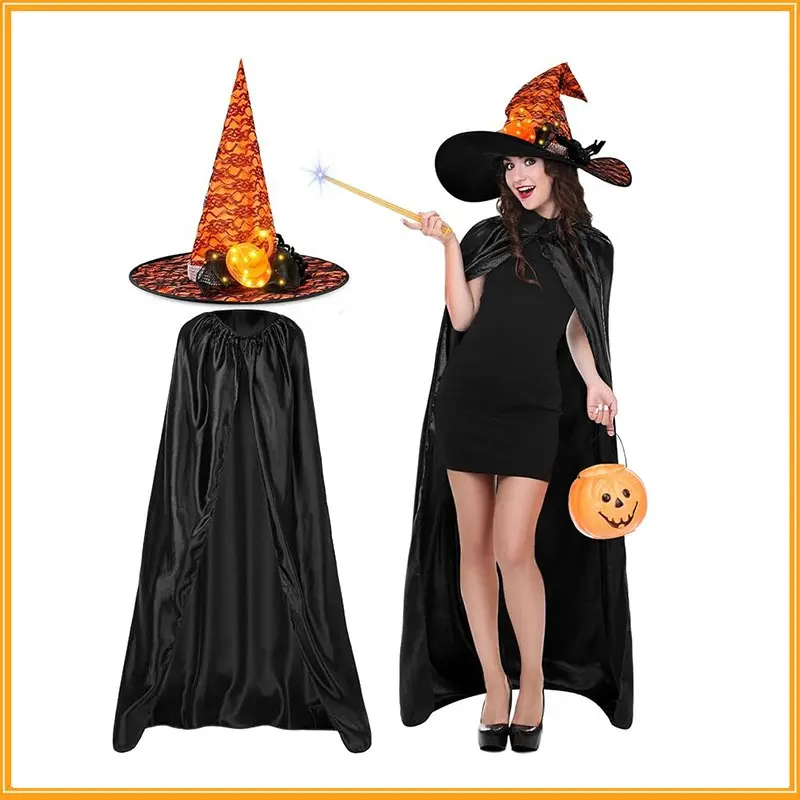 1 Set Halloween Witch Cosplay Costume Set, Shiny Black Cape Matches Light-Up Witch Hat, Multi-Style Carnival Trick-or-Treat Party Dress-Up Props