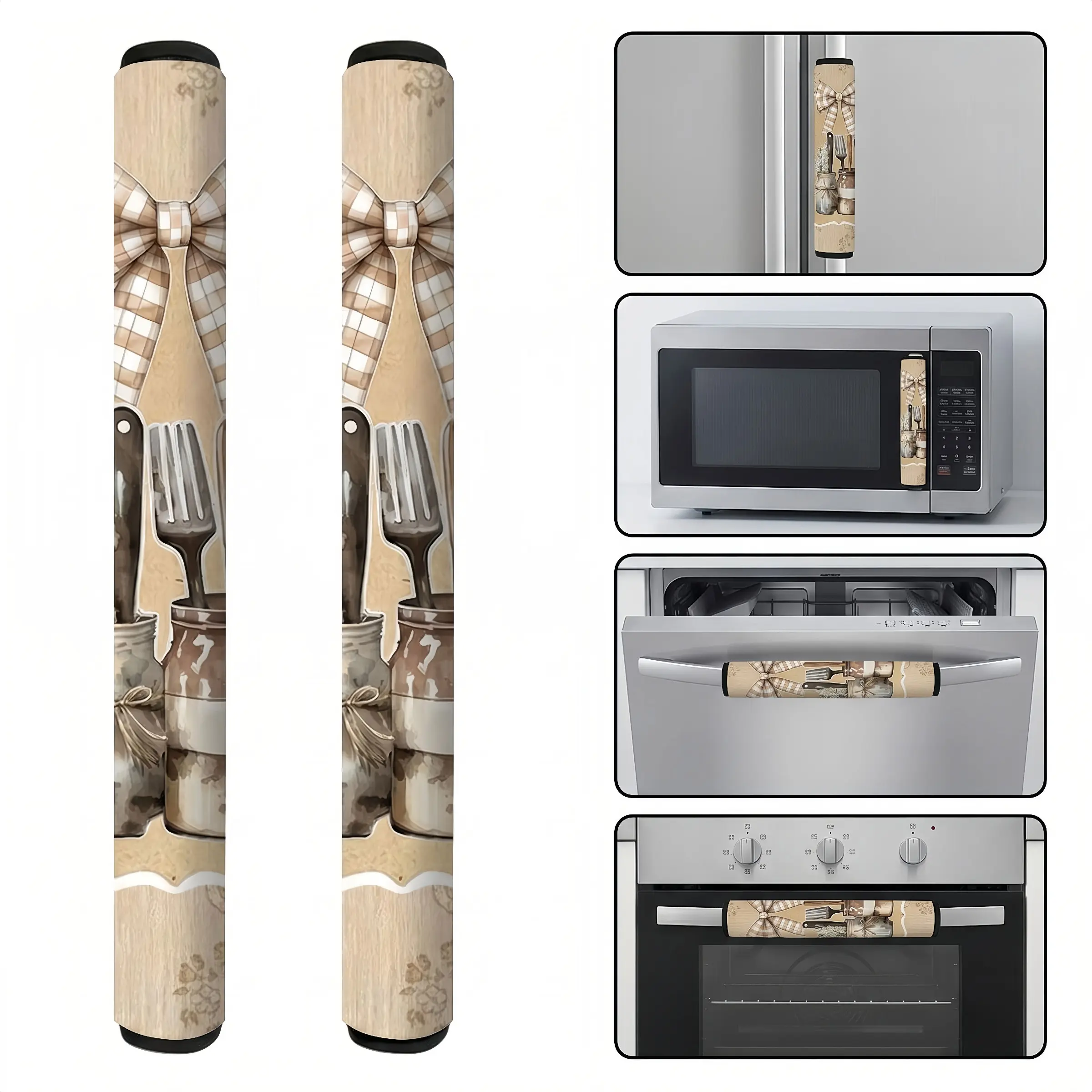 2pcs Vintage Plaid Bow Pattern Microwave and Refrigerator Handle Covers, Decorative Cover, Dust Cover, Household Dust Cover, Suitable for Fridge, Microwave, Oven, Dishwasher Handles, C26031801 (70)