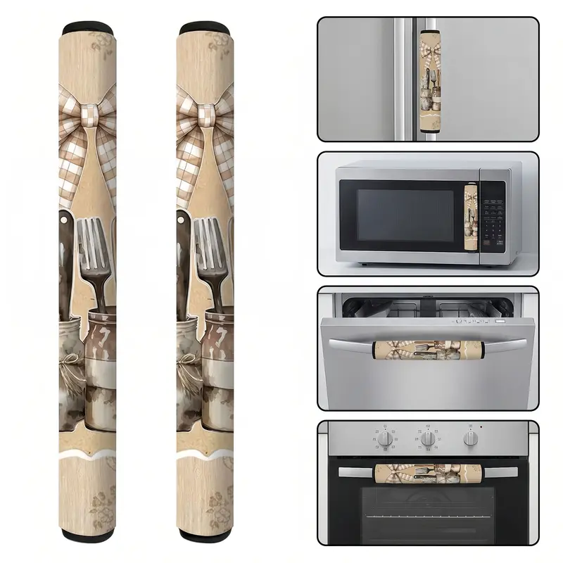 2pcs Vintage Plaid Bow Pattern Microwave and Refrigerator Handle Covers Set, Kitchen Appliance Cover, Suitable for Refrigerator, Microwave, Oven, Dishwasher Handles
