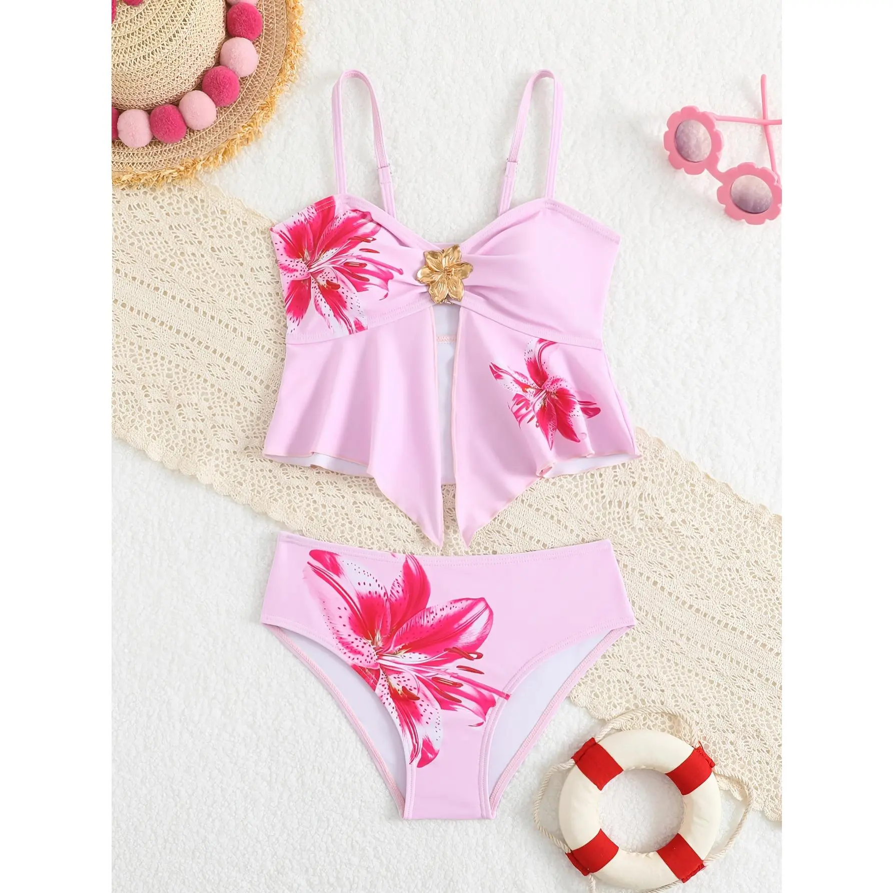 QYGirls Swimwear Multi-Size Adjustable Straps Thin Strap Tankini Set - 2pcs Floral Print Polyester Blend Kids' Swimwear for Vacation, Cold Wash Care, Beachwear, Sleeveless, Strappy