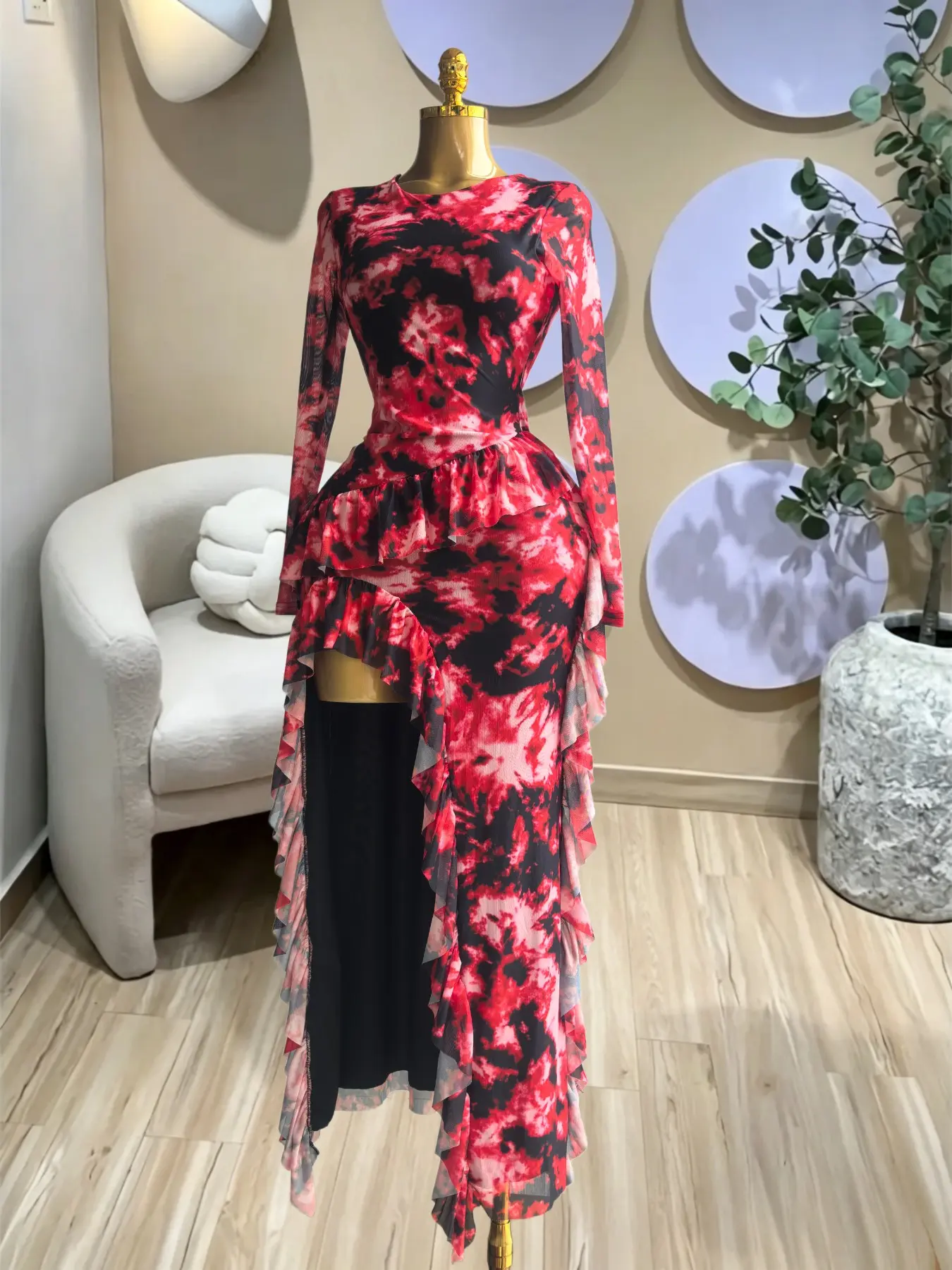 PULKRITU Elegant Women's Tie-Dye Print Kelly Dress,Round Neck Pleated Bodycon Long Prom Dress, Birthday Evening Resort Party Outfit Sexy Dress, Lady Casual Skirt,Female Brunch Dresses,Graduation Dresses, Elegant Fashion Dress