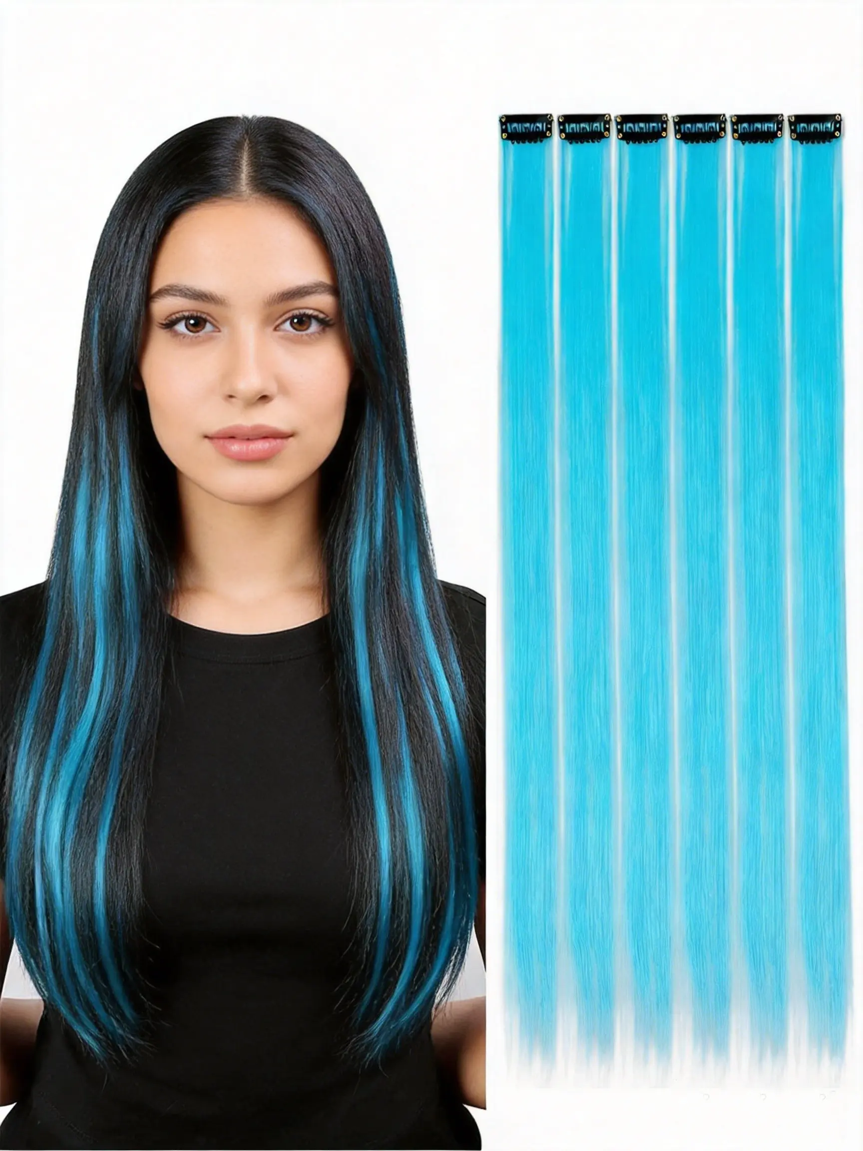 6PCS Sky Blue Clip-In Hair Extension,20 Inch Long Straight Soft Synthetic Hair Extensions, Easy Color Change for Halloween, Parties, Everyday Styling, All Hair Types