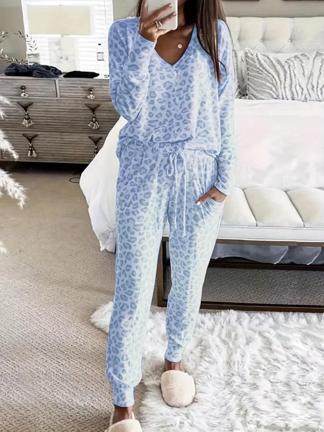 Two-piece Women's Leopard Print Drop Shoulder Top & Drawstring Pants Pajama Set, Casual Comfortable Long Sleeve V-Neck Top & Pocket Trousers Set, Women's Loungewear for Spring & Fall