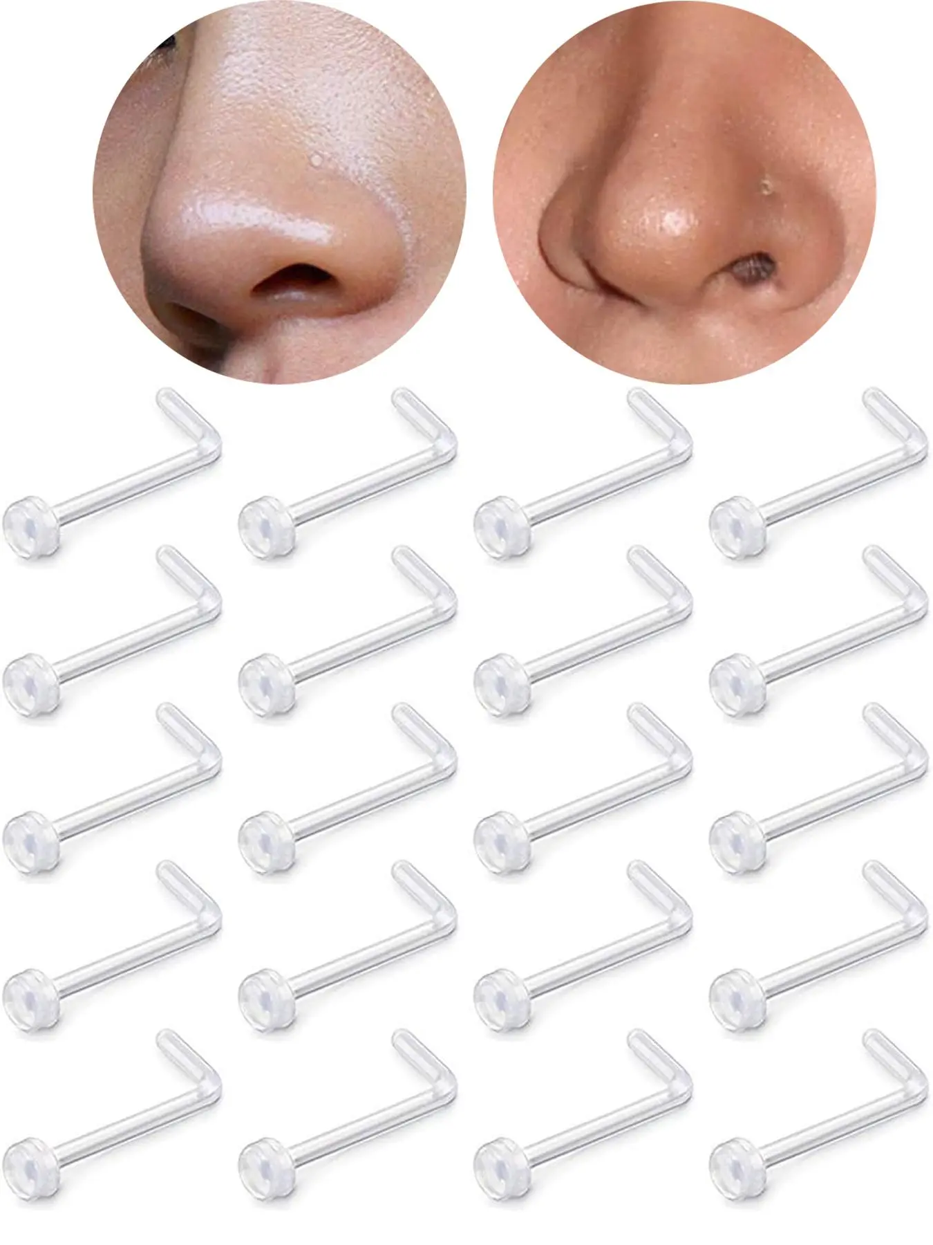 20pcs 18g Clear Nose Ring Retainer Bioflex L Shape Nose Rings Studs Piercing Jewelry Flat Top Flat Back Nose Stud