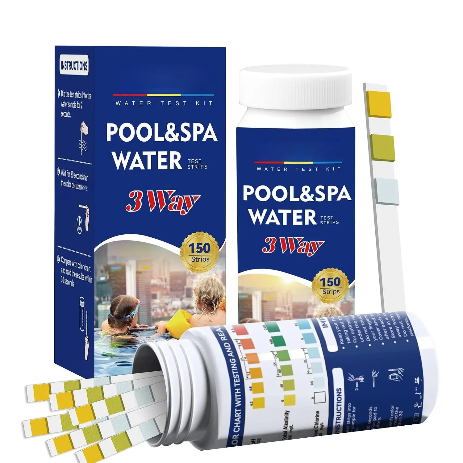 Pool Water Test Kit - 150 Count Fiber-Based Quick-Read Strip Form Water Check for Hot Tubs, Testing pH, Alkalinity, Chlorine