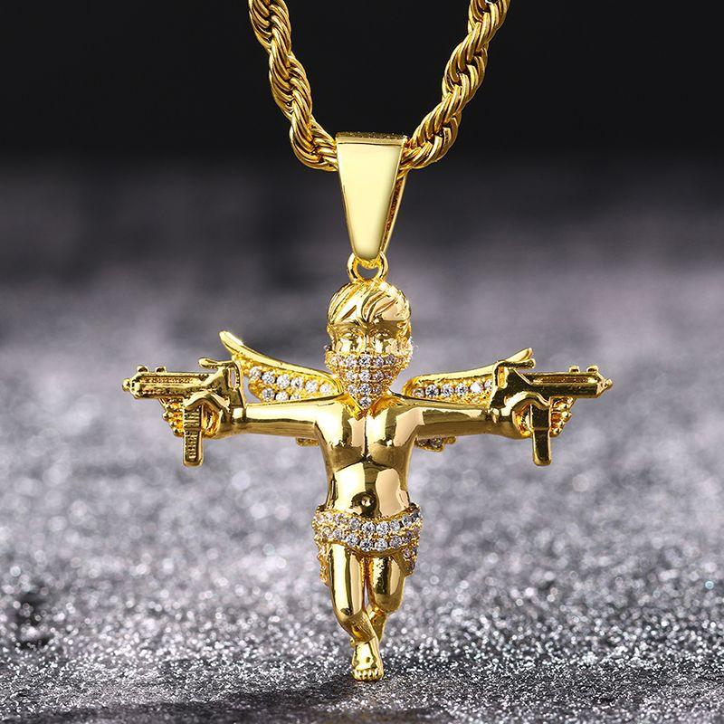 Hip-Hop Gold-Plated Masked Angel With Wings And Dual Swords Pendant Necklace, Solid Micro-Inlaid Zircon Jewelry