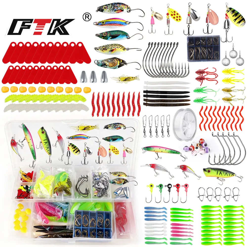 FTK 237pcs Fishing Equipment Tackle Set - Soft Baits, Hard Baits, Spoons, Spinners, Crankbaits in Portable Tackle Box for Freshwater, Saltwater Fishing (Bass, Trout)