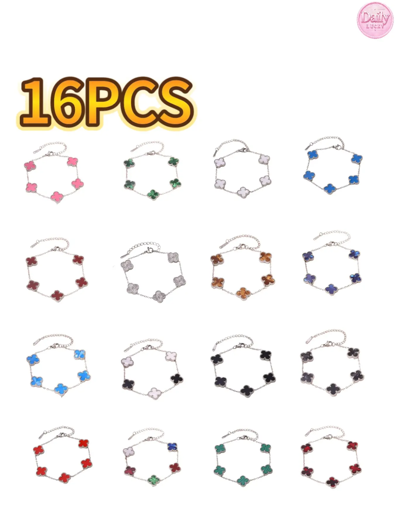 16pcs Clover Stainless Steel Bracelets, Bracelet Sets, Perfect Holiday Gift, Cute Daily Wear, Durable Fashion Accessory for Women