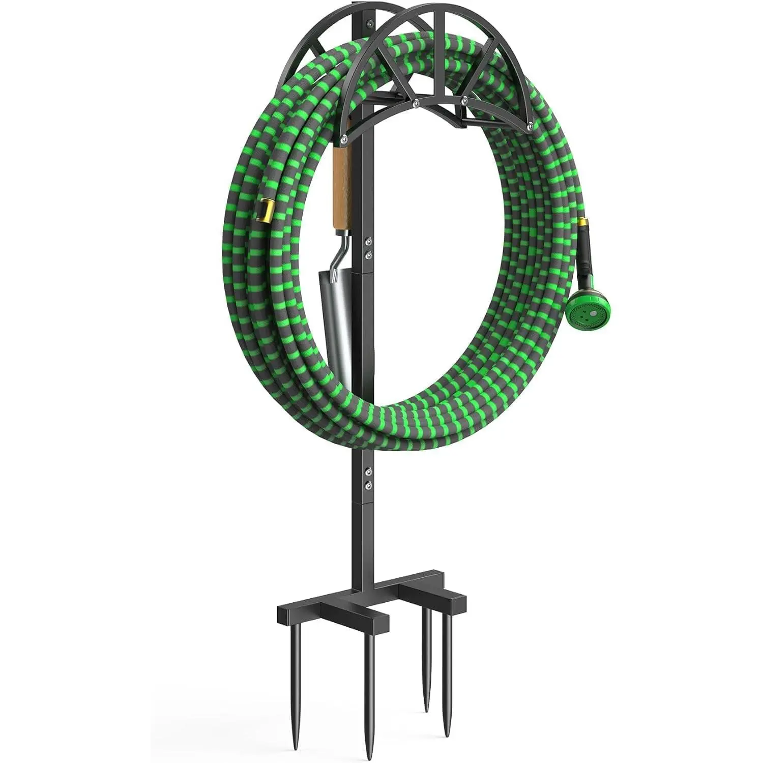 Garden Hose Holder Freestanding with 4 Spikes, Upgraded Water Hose Holder with Stainless Steel Screws, Heavy Duty Hose Stand Holds (Black)