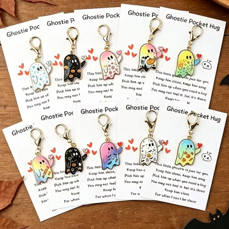 10pcs Cute Halloween Ghost Keychain with Heart Print, Fun Keychain with "Pocket Hug" Ghost Card, Spooky-Style Decoration, Exciting and Fun Halloween Bag Charm, Gift for Him/Her