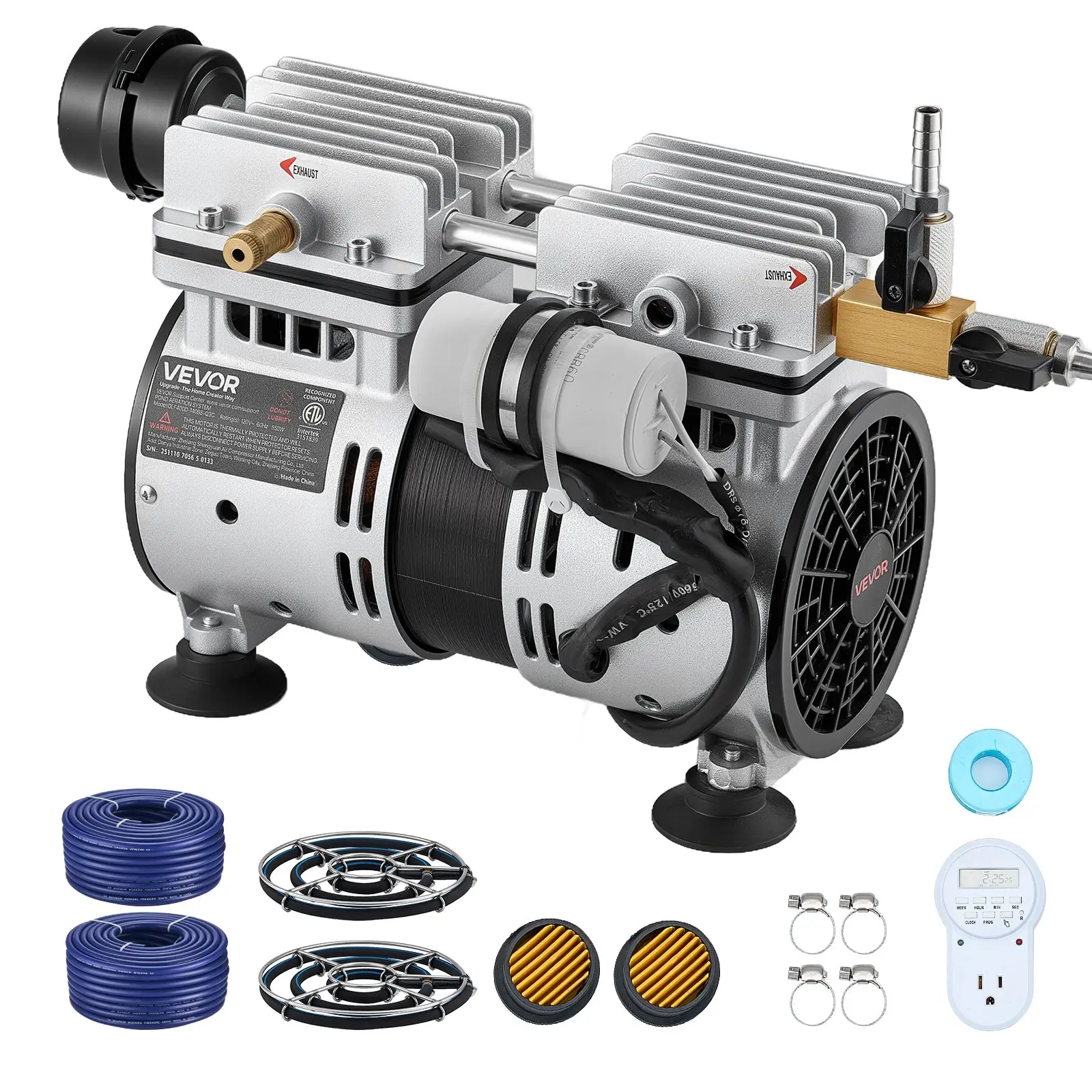 VEVOR Pond Aerator, 5.2 CFM Flow Aeration System with 3/4 HP Air Compressor, 2 Diffusers, 2x100' Weighted Tubes for Up to 3 Acres Lakes, Deep Water Oxygen Boost Pump for Outdoor Ponds