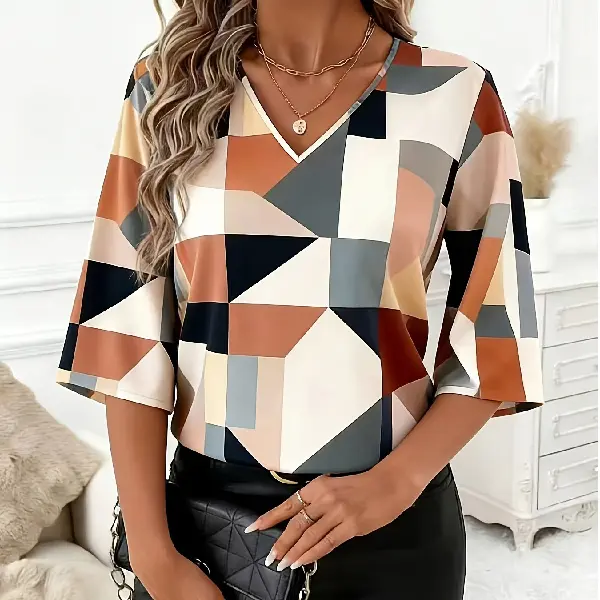 Women's Elegant Geometric Print Blouse - Beautiful V-neck Mid-sleeve Shirt with Simple, Stylish Design.Spring/summer Top Suitable for Casual or Fashionable Outfits.Chic Casual Wear, Lovely Women's Blouse