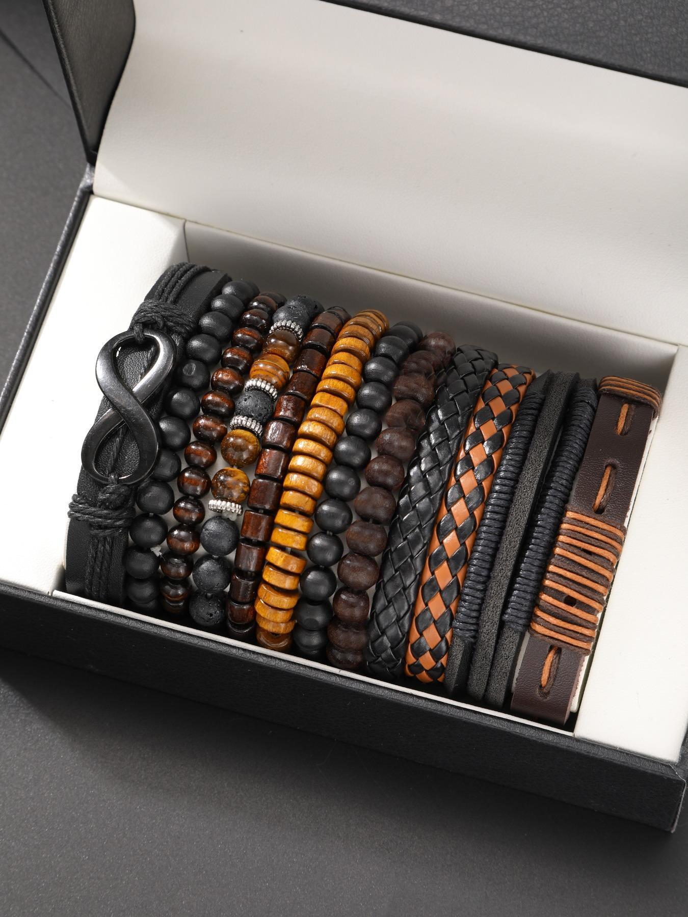 Men's Fashion Beaded & Braided Link Bracelet (12pcs), Fashion Jewelry for Party, Everyday Accessories, Trendy All-match & Exquisite Jewelry for Birthday Gift