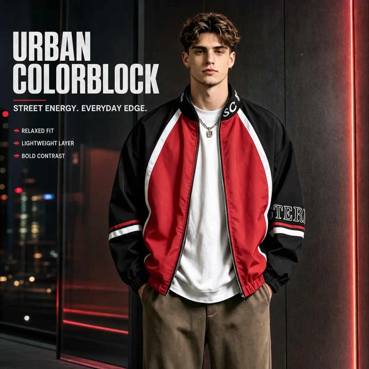 Men Color Block Zip Up Track Jacket Letter Print Stand Collar Windbreaker Loose Casual Streetwear Lightweight Athletic Bomber Coat