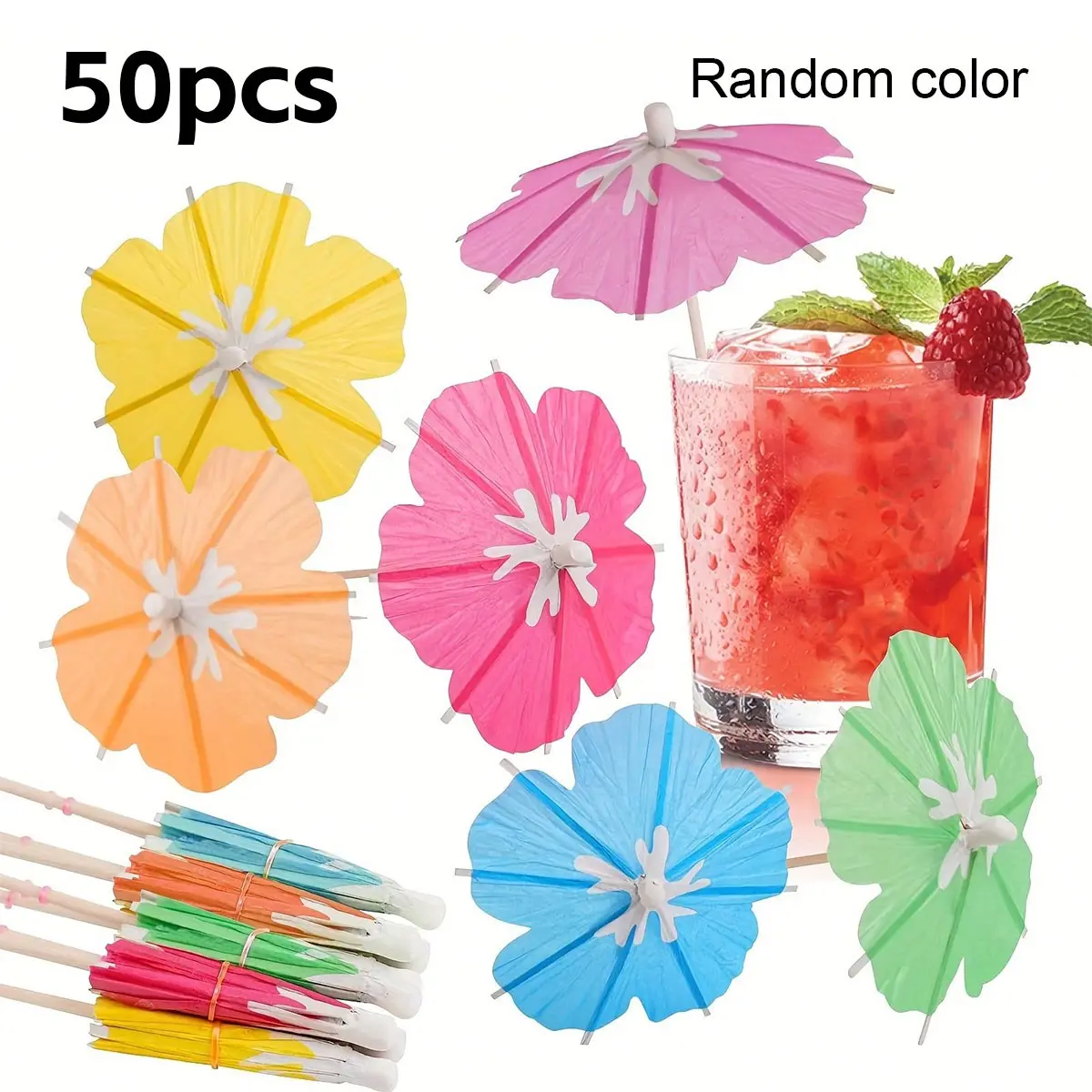 50 Colorful Flower Mini Cocktail Umbrellas, Party Decor Picks, Hawaiian Party Decoration, Cup and Fruit Platter Decor, Wedding and Birthday Party Decor