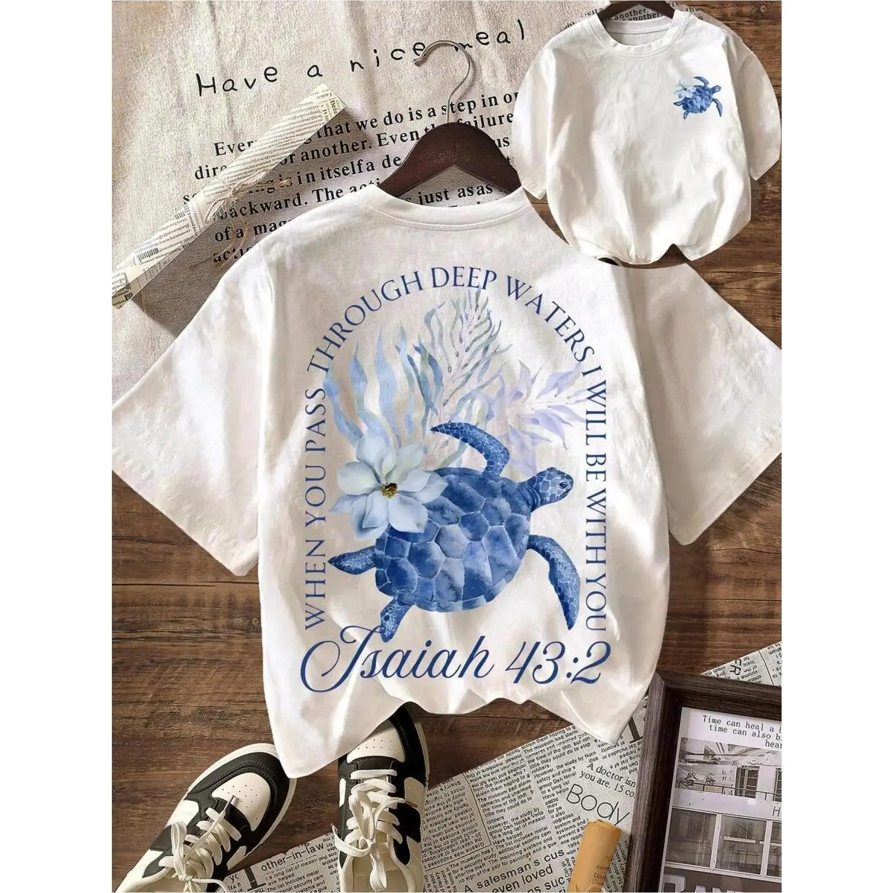 Womens Graphic Tee Coastal Christian Sea Turtle Ocean Life Bible Verse Print Double Sided Beach Design Casual T Shirt Crewneck Short Sleeve Soft Breathable Loose Fit Summer Vacation Daily Wear Trendy Aesthetic Faith Gift Top