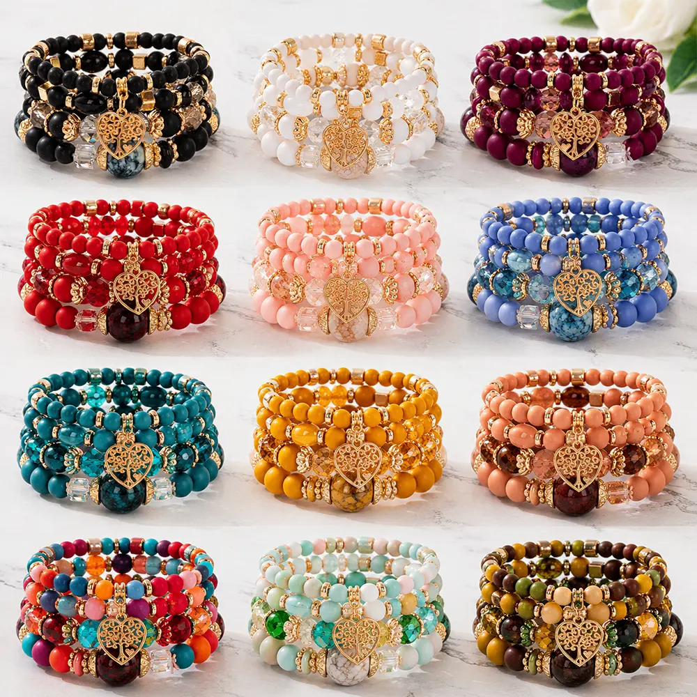 Bohemian Bracelets for Women, 24-Piece Colorful Stone Beads Stackable Set with Heart Charm, Vintage-Style Unisex Jewelry for Casual Wear, Jewelry For Women, Charm Bracelets