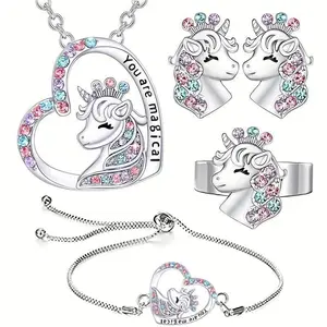 Exquisite Cute Unicorn Pendant Necklace Bracelet Ring Ring Earrings Pretty Pretty Women Jewelry Set Perfect Gift for Girls