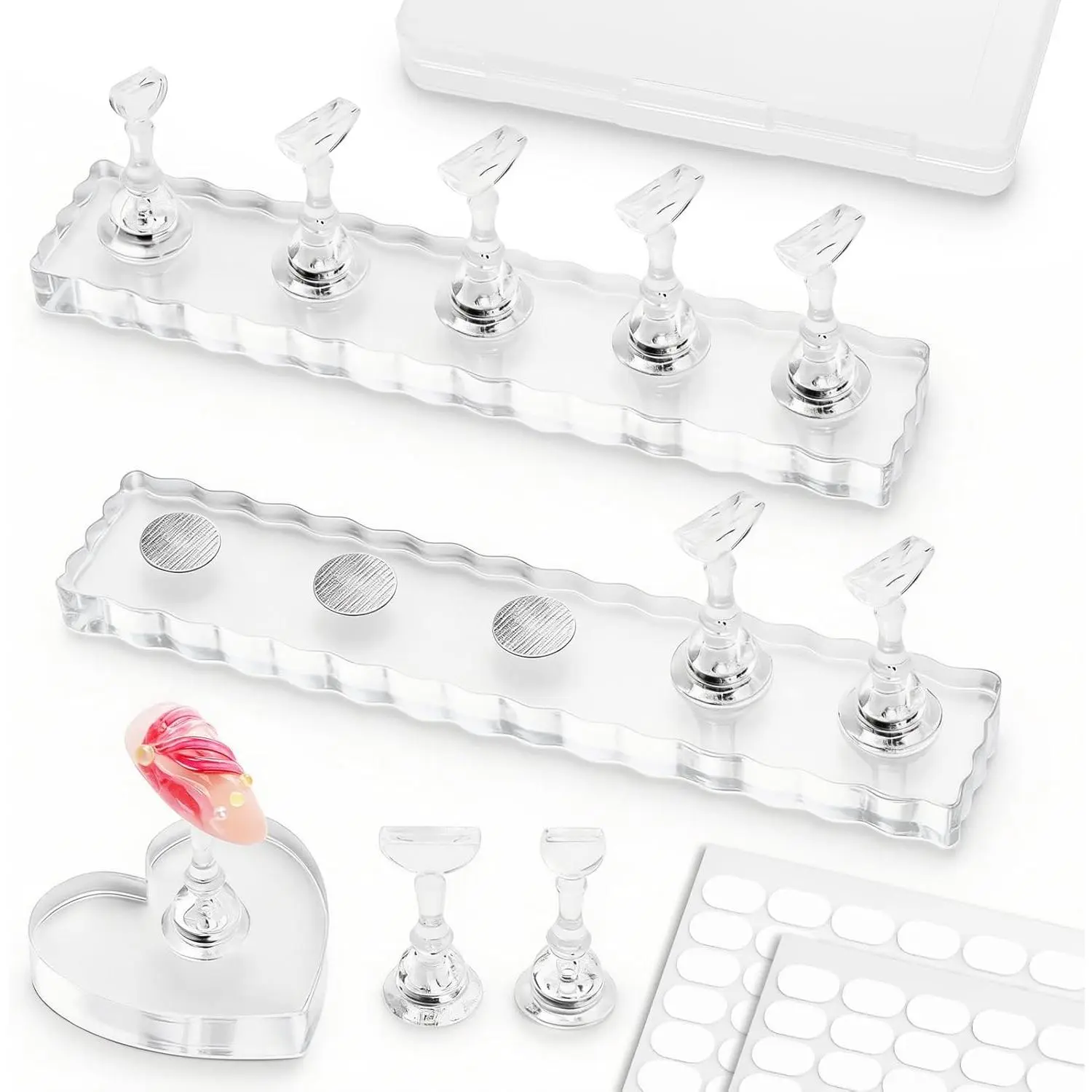 Nail Stand For Press On Strong Magnetic Nail Art Supplies Display Tip Holder For Painting Practice Hand Nails With 200Pcs Tape & 1 Heart Acrylic Presson Stands Kits with Case Nail Diy AccessoriesGift.